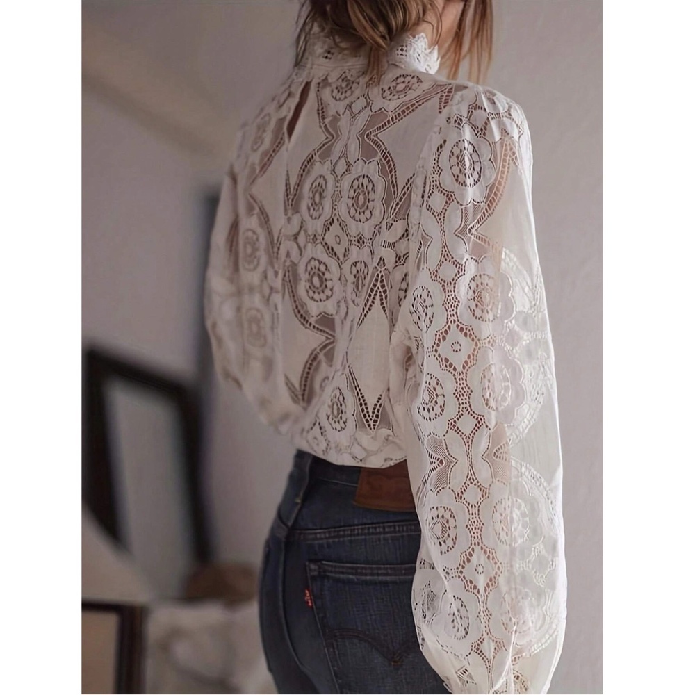 White Lace High Neck Long Sleeve Shirt - Picture 6 of 16